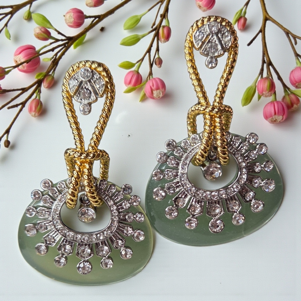 18k Gold Plated Twisted Rope Jade Lucite Zircon Crystal Statement Earrings 45$